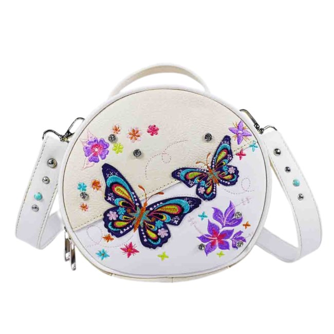 Butterfly Embroidery Round Crossbody Bag - Beige