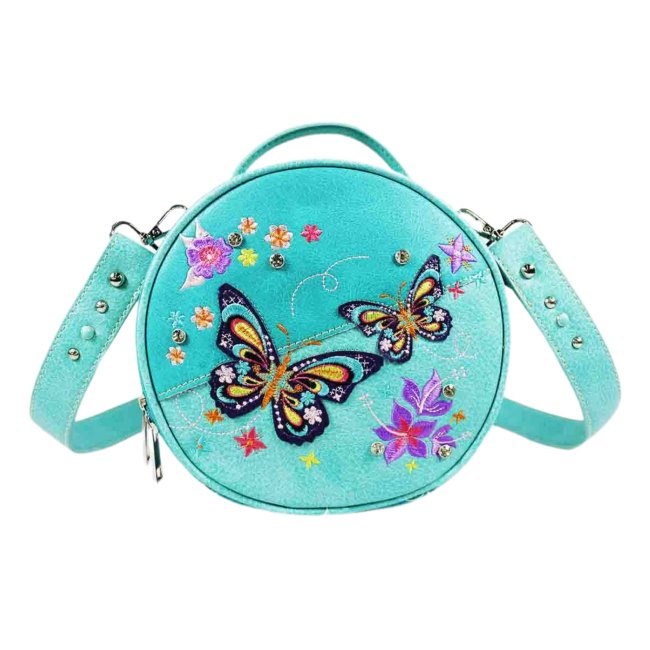 Butterfly Embroidery Round Crossbody Bag - Turquoise