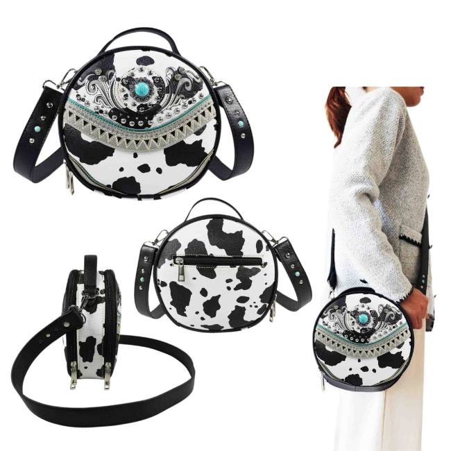 Floral Cow Print Round Crossbody BAG - Black