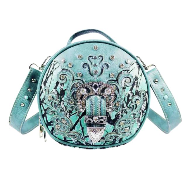 WESTERN Bling Rhinestone Round Crossbody Bag - Light Blue