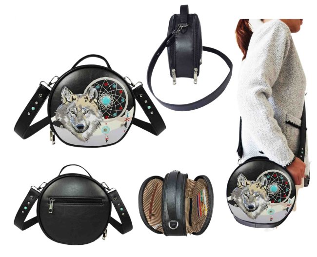 Wolf Dream Catcher Round Crossbody Bag - Black