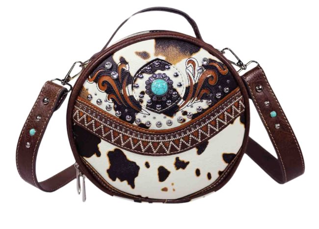 Floral Cow Print Round Crossbody BAG - Brown