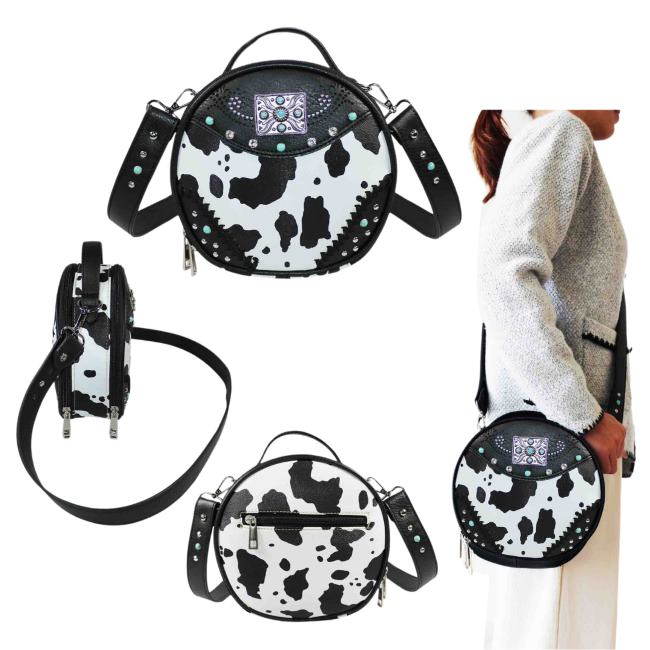 Cow Print Round Crossbody Bag - Black