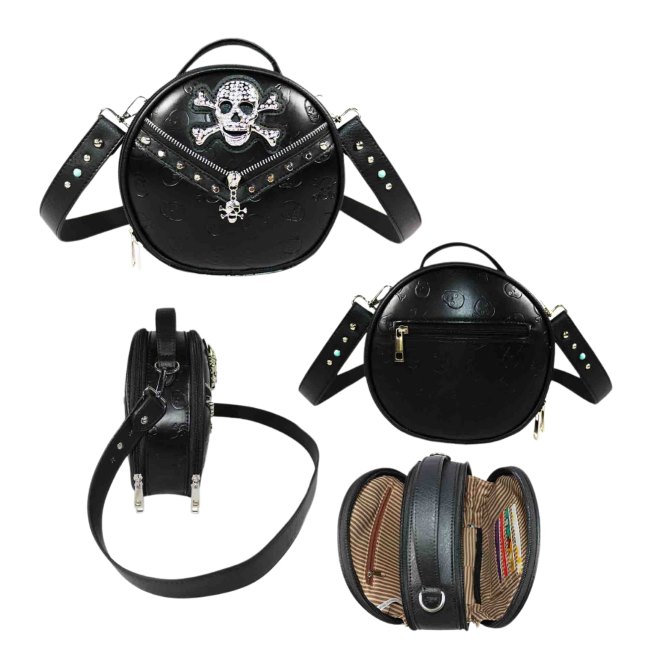 Rhinestone Skull Round Crossbody BAG - Black