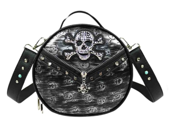 Rhinestone Skull Round Crossbody Bag - Pewter