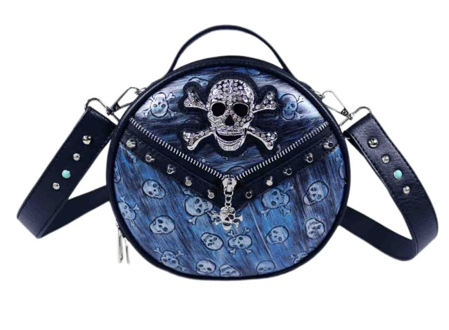 Rhinestone Skull Round Crossbody Bag - Blue