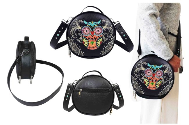 Owl Embroidery Round Crossbody Bag - Black