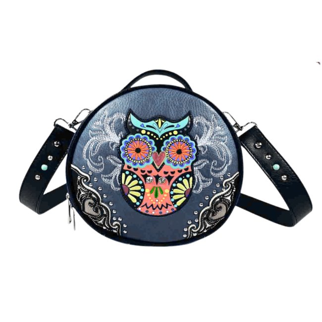 Owl Embroidery Round Crossbody BAG - Blue