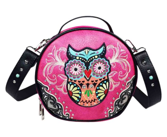 Owl Embroidery Round Crossbody Bag - Hot Pink