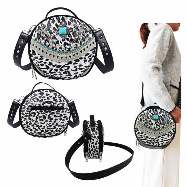 Floral Leopard Print Round Crossbody BAG - Black