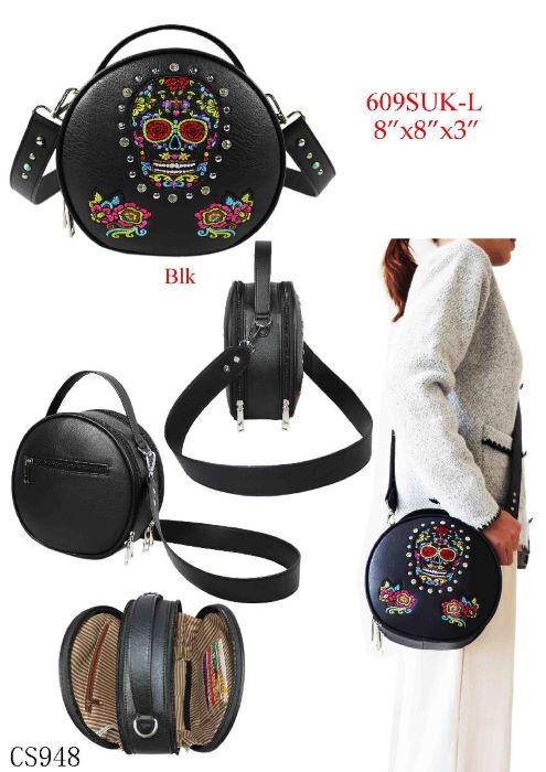 Colorful Sugar SKULL Round Crossbody Bag - Black