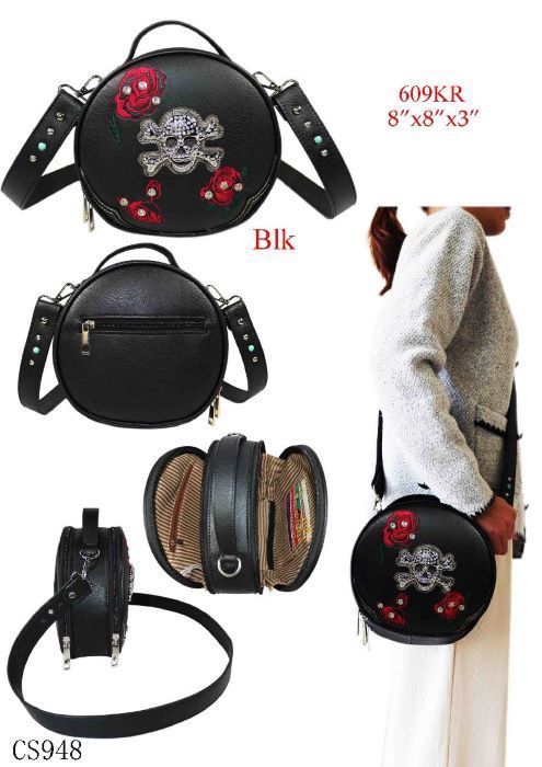 Skull & Roses Round Crossbody Bag - Black