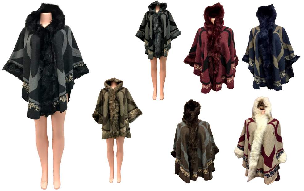 Wholesale Faux Fur Abstract Pattern Cape with Hood Assorted