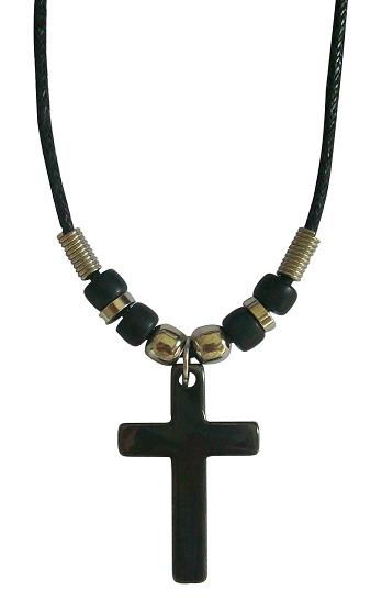 Hematite Cross PENDANT Black Cord Necklace