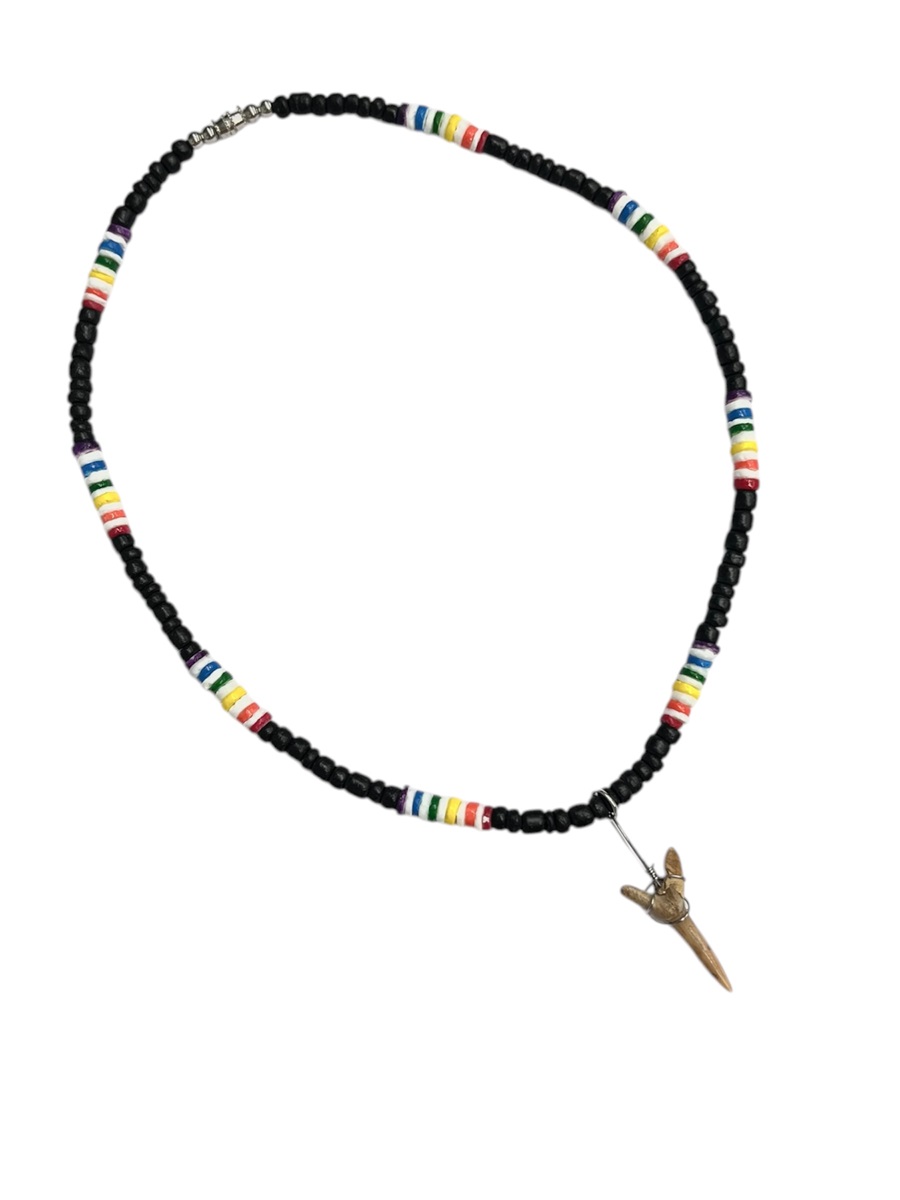 Rainbow Black Coco With Real Fossil Sharks Tooth Pendant NECKLACE