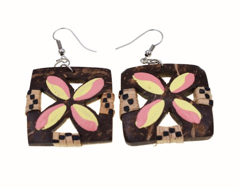 Hand Made Coconut Yellow Pink Plumeria With Rattan EARRINGS