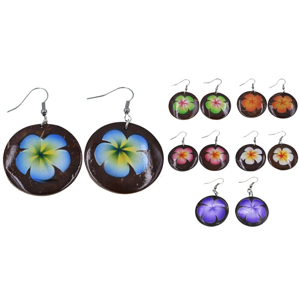 Coconut Shell With Plumeria  Flower Earrings.