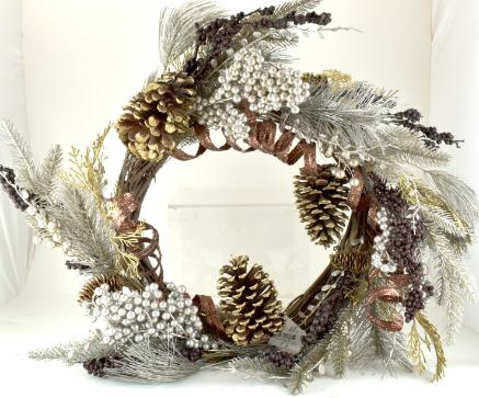 22'' GOLD Pinecone, Silver Leaf, Brown Glitter, Grapevine wreath