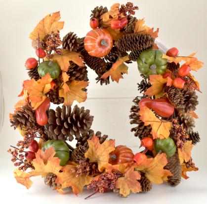 22'' Fall Pumpkin, Gourd, Pinecone Autumn Leaf Grapevine Wreath