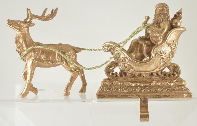GOLD Santa's Sleigh & Reindeer Stocking Holder