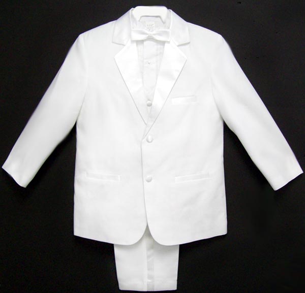 Boys 5Pc White Vested Tuxedo - NO Tail: Sizes: 8-14  ( # 5953W)