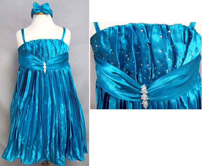 Girls Jewelled Pleated Party Dress With HEADBAND -  Turquoise