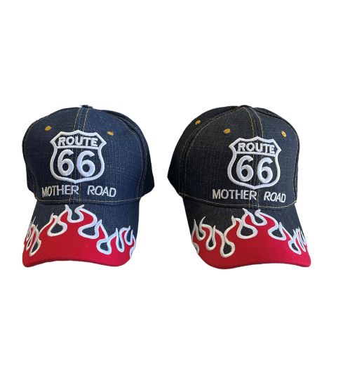 Flames Route 66 Blue Denim BASEBALL Caps Embroidered