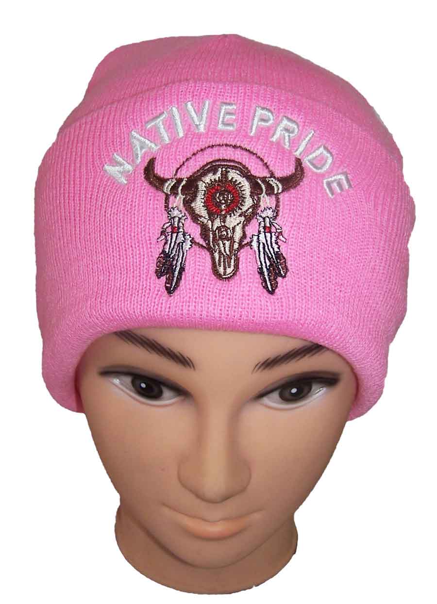 Pink Native Pride Embroidered Beanies - Winter Caps- Bull Head