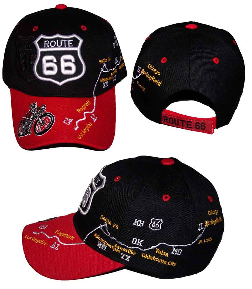 Route 66  BASEBALL CAP Embroidered  ... Highway Map & Motor Cycle