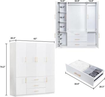 White Wood Wardrobe Closet Armoire,Clothes Organizer