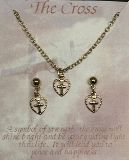 Cross in Heart Necklace & Matching Pierced EARRINGS